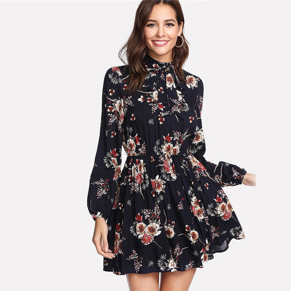 Lace-up long-sleeved elastic waist print dress