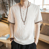 Chinese style embroidery buckle short sleeves Thin section linen casual large size short sleeve men's cotton and linen T-shirt