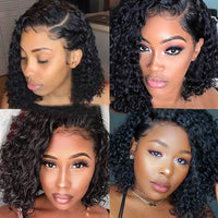 Brazilian Virgin Human Hair Curly Short Bob Water Wave Black Lace Front Wig